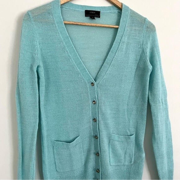 J. Crew Italian Spun Alpaca Blend Jewel Button Cardigan Aquamarine, Size XS NWOT - Picture 2 of 9